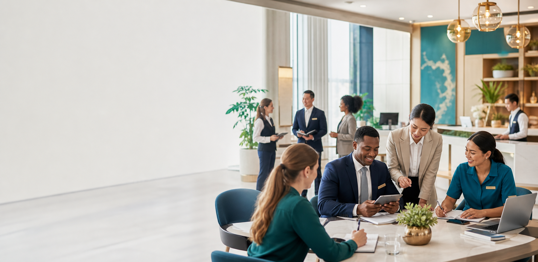 Hospitality and workforce partners collaborating in a modern training environment